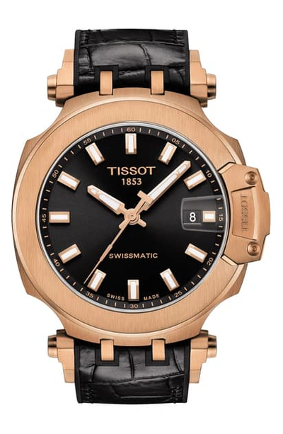 Shop Tissot T-sport Automatic Leather Strap Watch, 48mm In Black/ Rose Gold