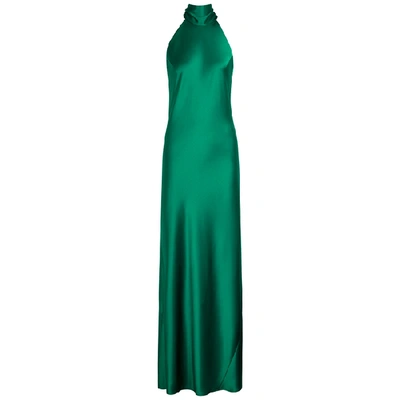 Shop Galvan Sienna Emerald Halterneck Satin Gown In Green