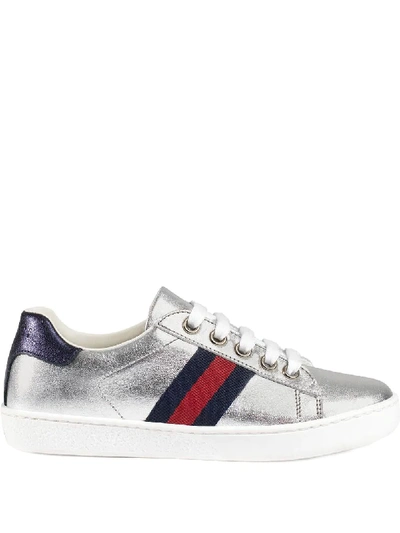 Shop Gucci Children's Leather Low-top With Web In Metallic