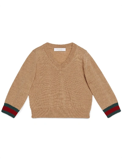 Shop Gucci Baby Merino Web V-neck Sweater In Neutrals