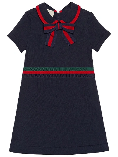 Shop Gucci Children's Cotton Dress With Web Bow In Blue