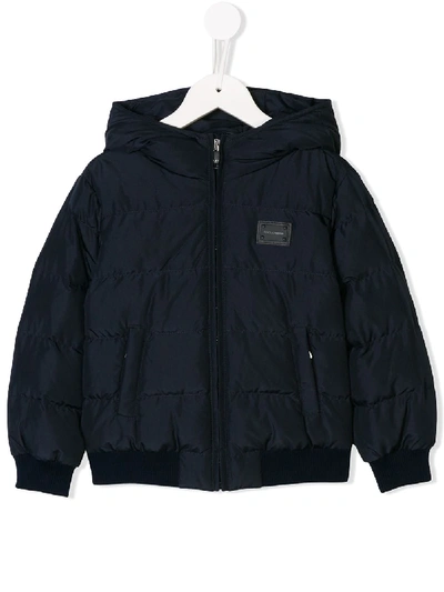 Dolce & Gabbana Nylon Down Jacket With Hood And Plate In Blue