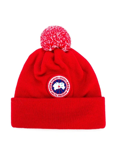 Shop Canada Goose Logo Patch Knitted Hat In Red