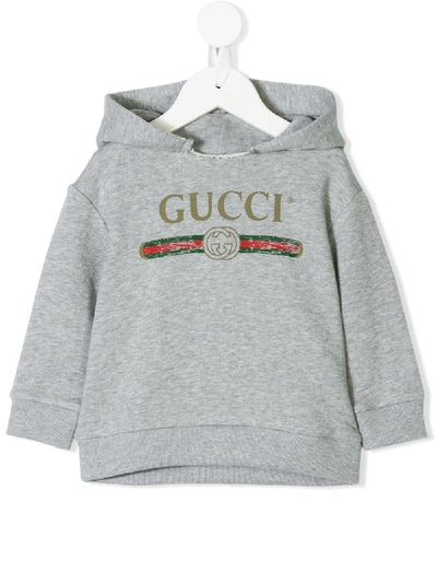 Shop Gucci Logo Print Hoodie In Grey