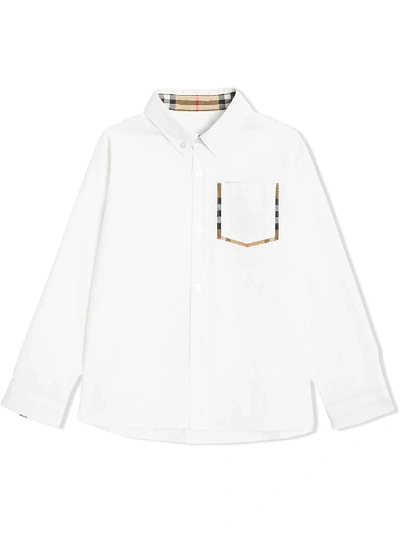 Shop Burberry Check Detail Cotton Oxford Shirt In White