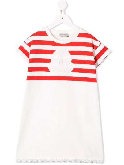 Shop Moncler Striped Logo Patch T-shirt Dress In White