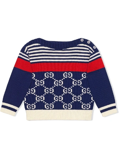 Shop Gucci Baby Gg And Stripes Knit Sweater In Blue