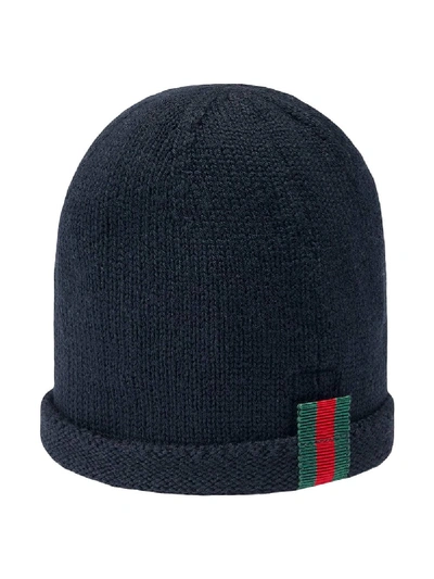 Shop Gucci Baby Knitted Hat With Web In Blue