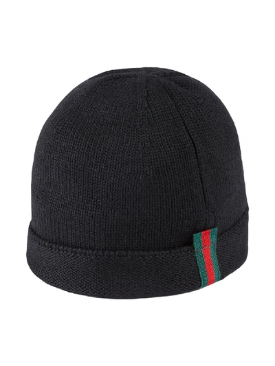 Shop Gucci Children's Knitted Hat With Web In Black