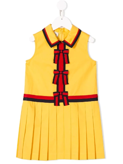 Shop Gucci Bow Trim Pleated Dress In Yellow