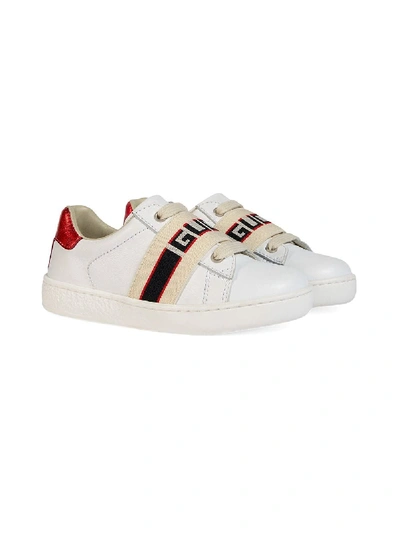 Shop Gucci Logo Tape Lace Up Sneakers In White