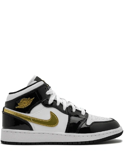 Shop Jordan Air  1 Mid Se "black Gold Patent Leather" Sneakers