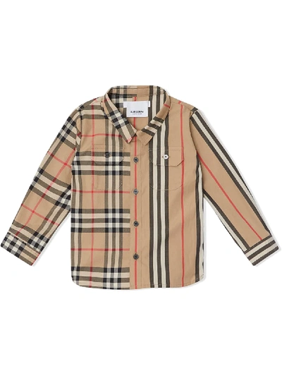 Shop Burberry Panelled Vintage Check And Icon Stripe Shirt In Neutrals