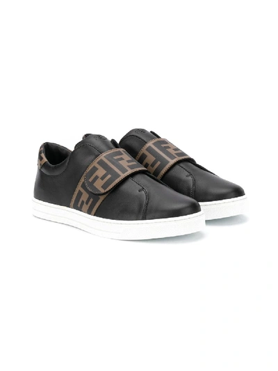 Shop Fendi Teen Ff Logo Strap Sneakers In Black