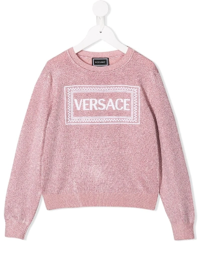 Shop Young Versace Logo-embroidered Glitter Jumper In Pink
