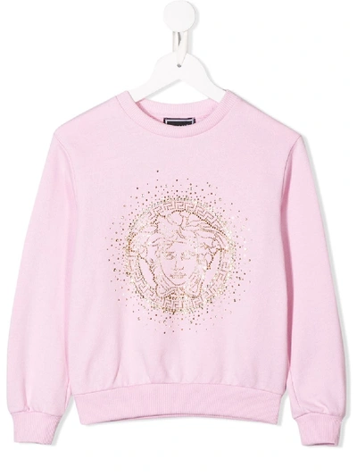 Shop Young Versace Embellished Logo Jumper In Pink