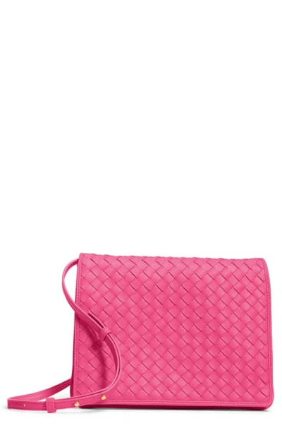 Shop Bottega Veneta Intrecciato Leather Crossbody Flap Bag In Neon/ Neon/ Gold