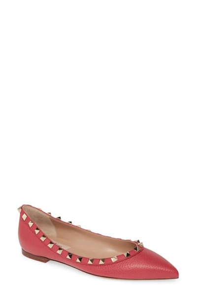 Shop Valentino Rockstud Pointy Toe Flat In Rock Pink Leather