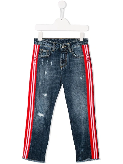 Gcds Side Stripe Distressed Jeans In Blue