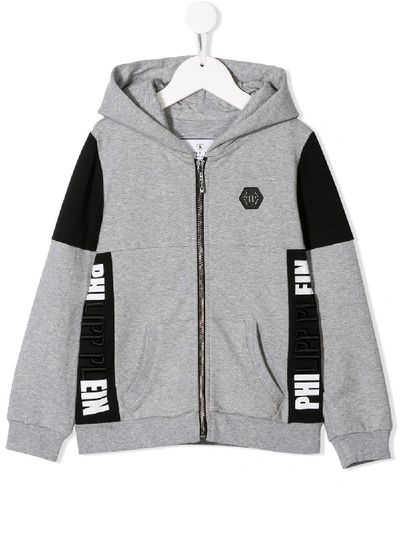 Shop Philipp Plein Junior Statement Logo Zip Front Hoodie In Grey