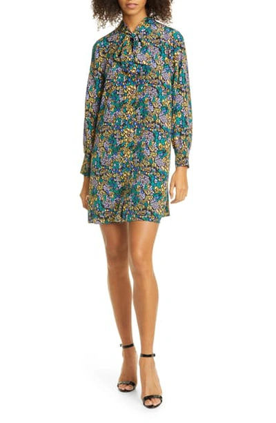 Shop Tanya Taylor Faith Floral Long Sleeve Silk Shift Dress In Leopard Green