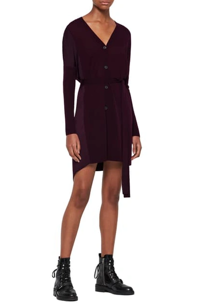 Shop Allsaints Iva Long Sleeve Button-up Mixed Media Dress In Port Purple