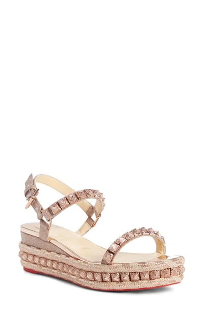 Shop Christian Louboutin Pira Studded Glitter Wedge Sandal In Bronze Glitter