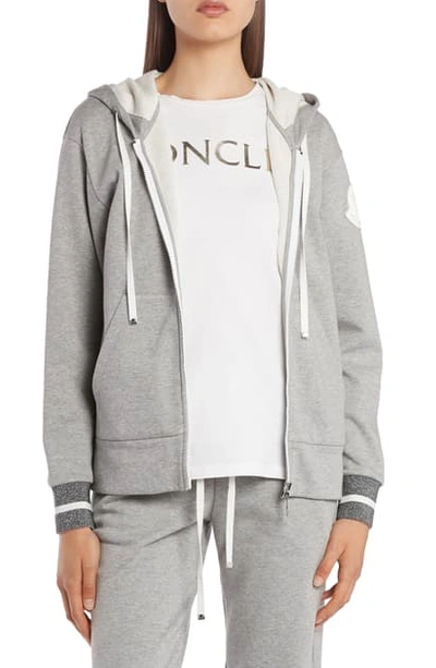 Shop Moncler Metallic Cuff Zip Hoodie In Grey