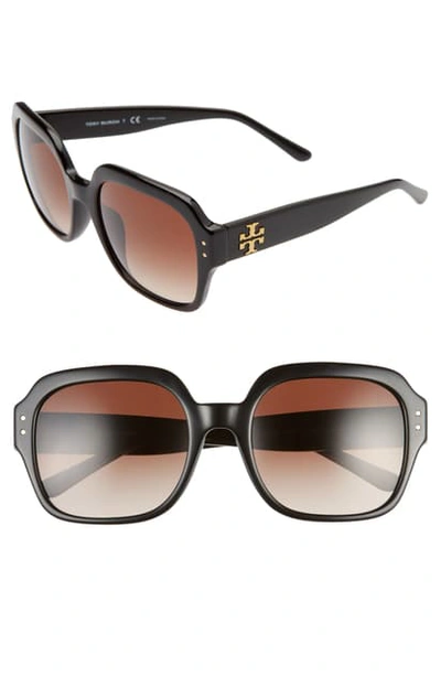 Shop Tory Burch 56mm Round Sunglasses In Black/ Dk Brown Gradient
