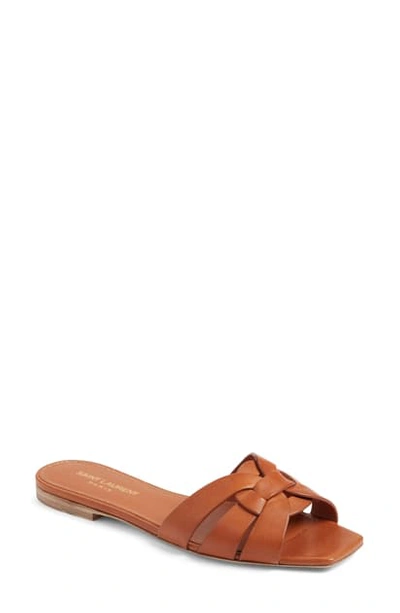 Shop Saint Laurent Tribute Slide Sandal In Brown Leather