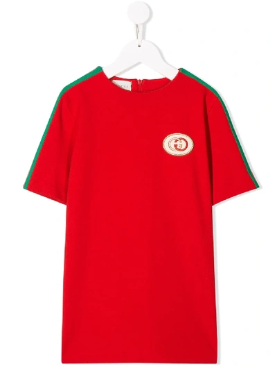 Shop Gucci Embroidered Logo Dress In Red