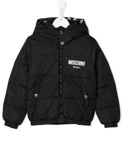 Shop Moschino Padded Logo Hooded Jacket In Black