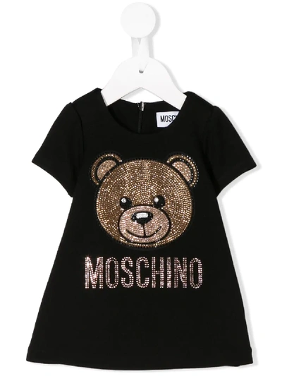 Shop Moschino Rhinestone Bear T-shirt Dress In Black