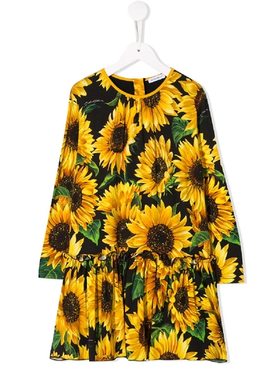 Shop Dolce & Gabbana Floral Long-sleeve Dress In Black