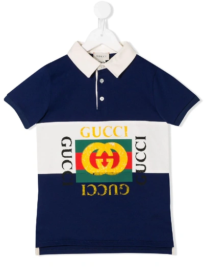 Shop Gucci Logo Print Polo Shirt In Blue