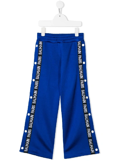 Shop Balmain Logo Stripe Track Pants In Blue