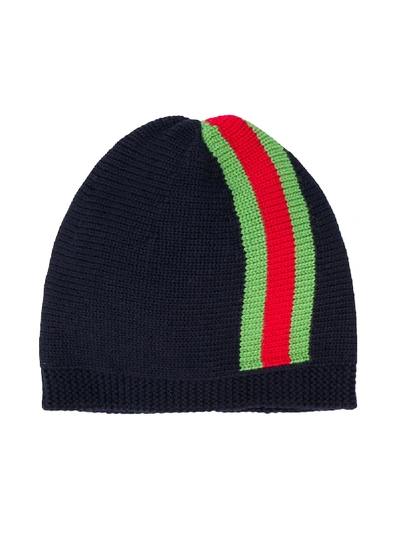 Shop Gucci Web Knitted Beanie In Blue