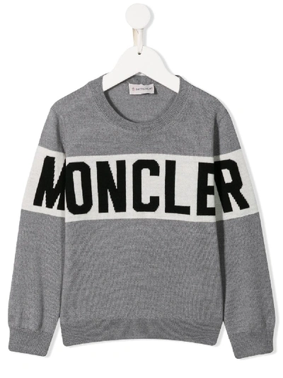 Shop Moncler Contrast Logo Knit Sweater In Grey
