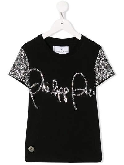 Shop Philipp Plein Junior Signature Rhinestone T-shirt In Black