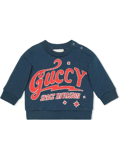 Gucci Guccy Print Sweatshirt In Blue In Blue