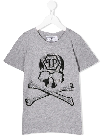 Shop Philipp Plein Junior Skull And Crossbones Crystal Embellished T-shirt In Grey
