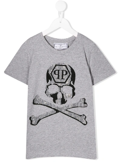 Philipp Plein Junior Skull And Crossbones Crystal Embellished T-shirt In Grey
