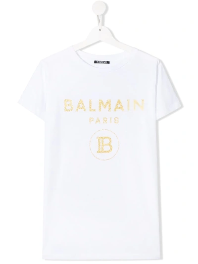 Shop Balmain Teen Glitter Logo T-shirt In White