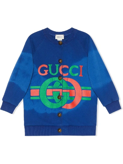 Shop Gucci Logo Print Cardigan In Blue