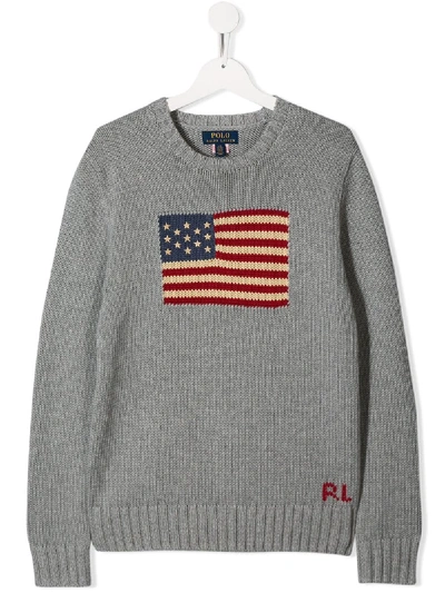 Shop Ralph Lauren Teen Flag Embroidered Sweater In Grey