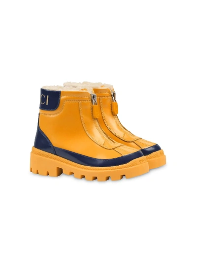 Shop Gucci Leather Boot With Eco Fur Lining In Yellow