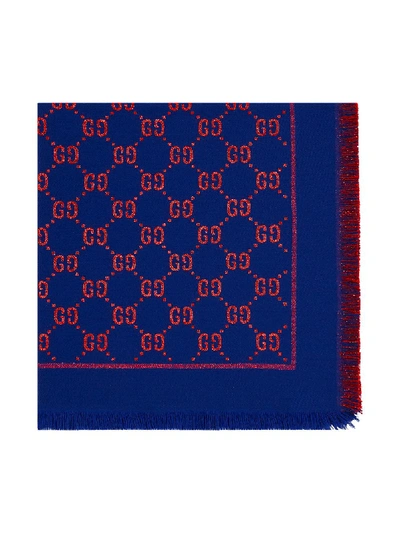 Shop Gucci Gg Jacquard Frayed Scarf In Blue