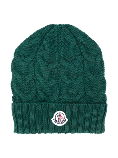 Shop Moncler Logo Knitted Hat In Green