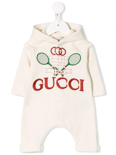 Shop Gucci Tennis Logo Hooded Romper In White