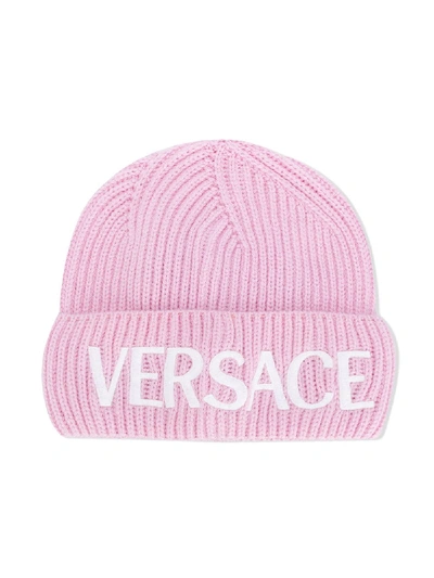 Shop Young Versace Embroidered Logo Beanie In Pink